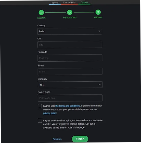 Bons account created screen after registration